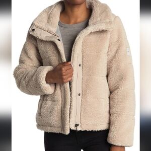 Calvin Klein Faux Sherpa Teddy Puffer Coat in Light Brown Women's Size Medium
